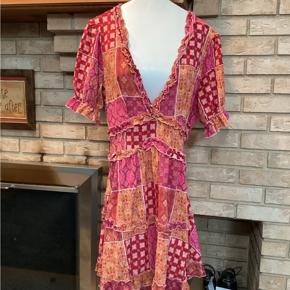 Patchwork deep V-Neck BOHO Bohemian, cowgirl country Ruffle Dress